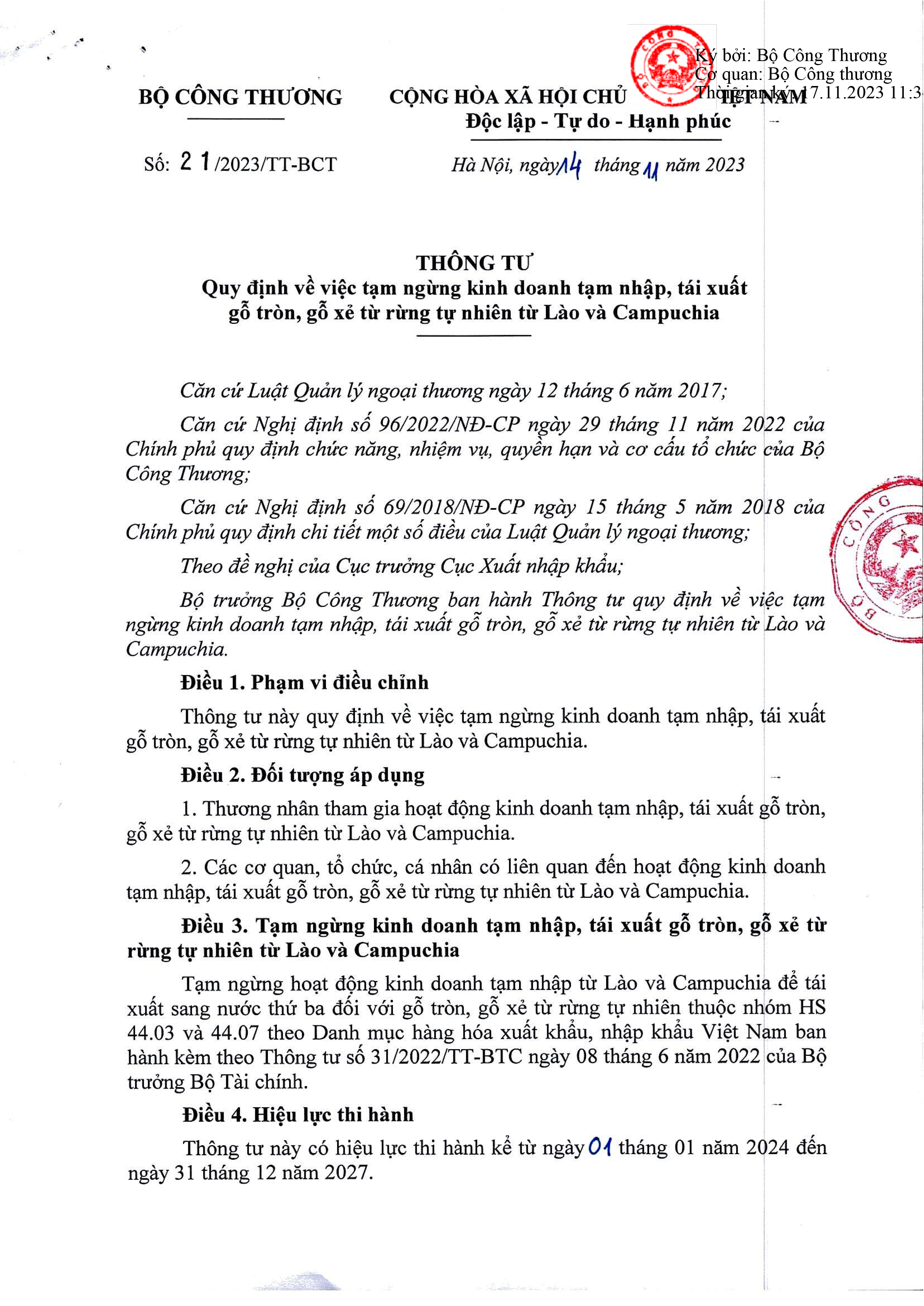 [TIN CHÍNH SÁCH] THÔNG TƯ "QUY ĐỊNH VỀ VIỆC TẠM NGỪNG KINH DOANH TẠM NHẬP, TÁI XUẤT GỖ TRÒN, GỖ XẺ TỪ RỪNG TỰ NHIÊN TỪ LÀO VÀ CAMPUCHIA"